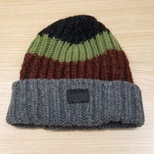 PAUL SMITH Mens Beanie Hat Gray Black Green Stripe Mohair Wool Knit Ribbed $125